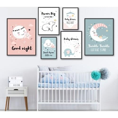 Cartoon Bear Elephant Moon Cloud Stars Love Wall Art Canvas Painting Nordic Posters And Prints Wall Pictures Kids Room Decor
