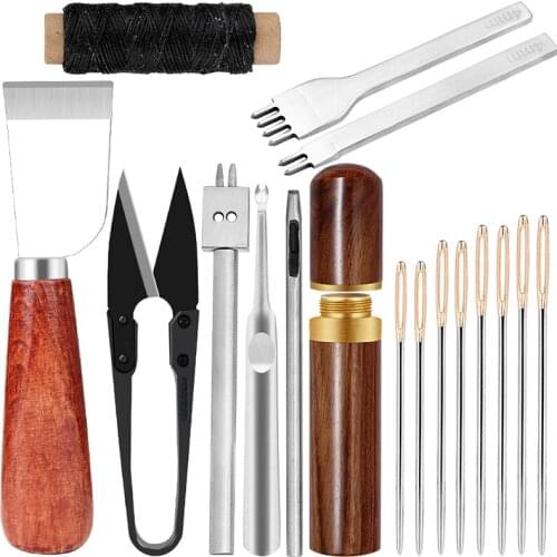 LMDZ 17Pcs Leather Working Kit Waxed Thread Hole Punch Needle Craft Tools Punches Hand Sewing Accessories DIY Leather Tools