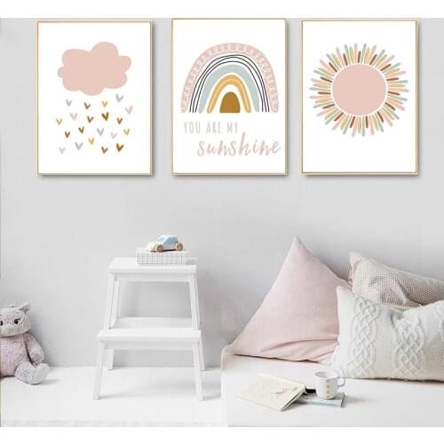 Pink Sun Rainbow Wall Art Print Painting You Are My Sunshine Nursery Canvas Poster Picture Childrens Room Decor Nordic Style