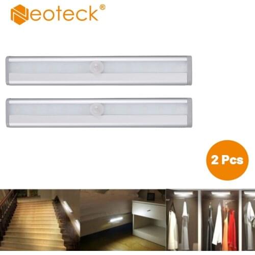 Neoteck 2 Pcs 10 LED White Energy Saving PIR Motion Sensor Cupboard Wardrobe Bed Lamp LED Under Cabinet Night Light For Closet