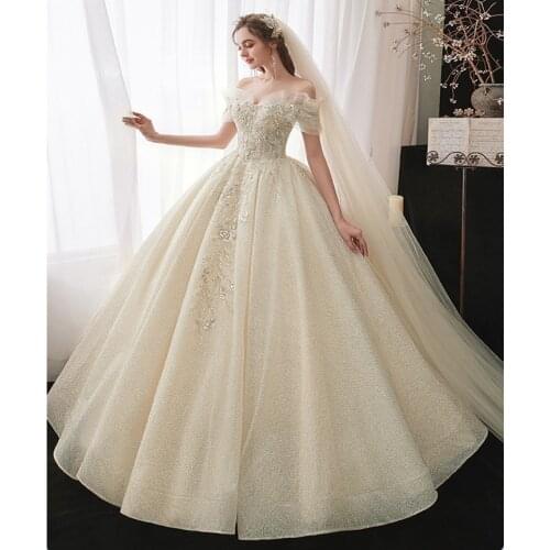 Glitter Beads Appliques New Wedding Dress 2021 Boat Neck Floor Length Vestido De Noiva Robe De Mariee Bride Dresses Ball Gown