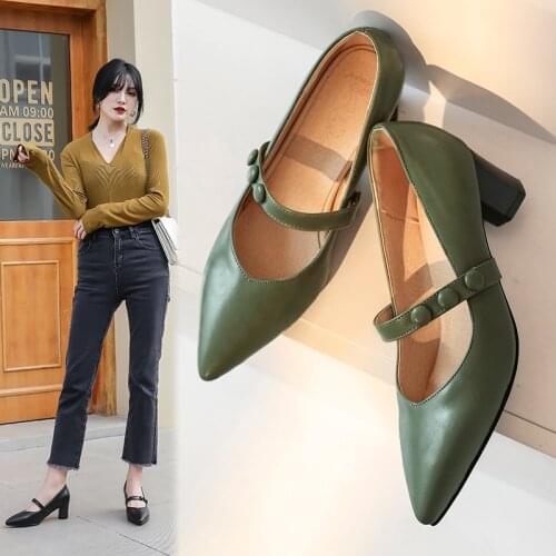 The New Leather Pumps Spring Green Pointed Toe Handmade Round Heels Shoes Woman High Quality Party Office Lady Pumps