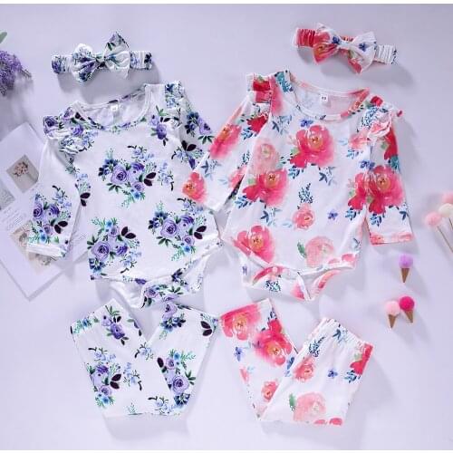 Autumn Newborn Baby Girl Clothes 3 Pieces Cotton Flower Print Long Sleeve Bodysuit+trousers+bow Headband Home Baby Pajamas 0-12M
