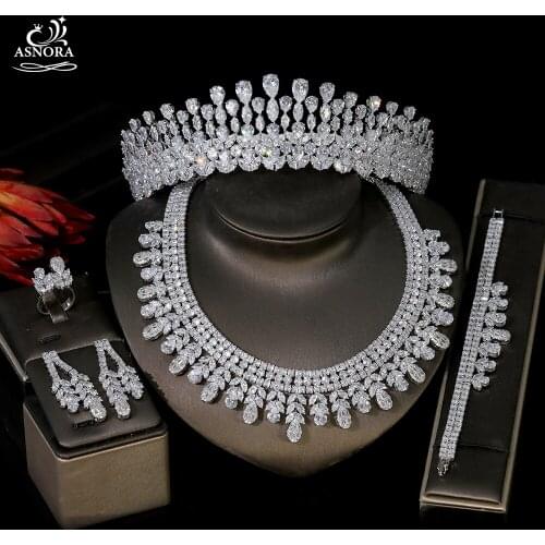 ASNORA Nigeria 4-piece zircon necklace, female CZ Dubai jewelry, used for bridal wedding headdress necklace accessories T0867