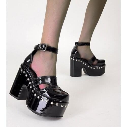 Plus Size 34-43 Shoes Women 2021 Luxury Platform Heels Punk Rivet Patent Leather High Heels Pumps Chunky Pumps Ladies Heels Shoe