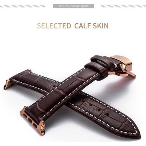 Leather Strap for Apple Watch 5 4 Band Cowhide Apple Watch 44mm 40mm 42mm 38mm iWatch 5 4 3 2 1 Butterfly Buckle Bracelet