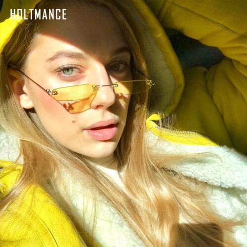 Retro Mini Sunglasses Famale Rectangle Personality Fashion Brand Design Rimless Clear Pink Yellow Decoration Vintage Sun Glasses