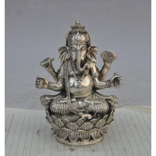 Old Tibet Buddhism Joss Silver 4 Arm Elephant Jambhala Mammon God Buddha Statue