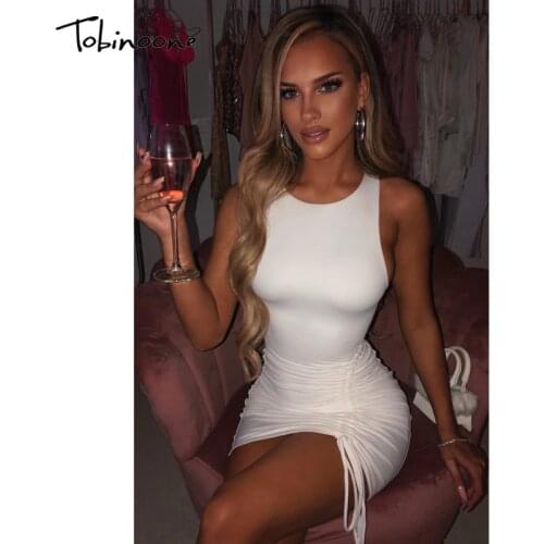 Tobinoone O Neck Bandage 2021 Summer Tank Dress Sleeveless Drawstring Sexy Night Party Short Dresses Ladies Draped Bodycon Dress