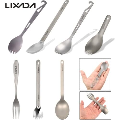 Lixada 100% Titanium Sppon Fork Outdoor Camping Tableware Picnic Spoon Fork Portable Backpacking Hiking BBQ Titanium Spoons
