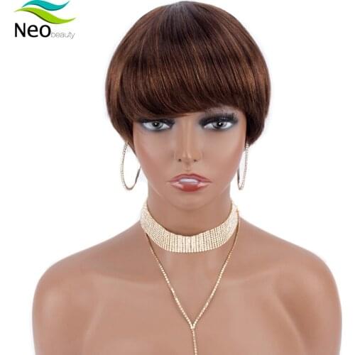 Highlighted Short Pixie Cut Wig Human Hair Full Machine Wig 150% Puffy Non Lace Human Hair Wigs Remy Brazilian Hair