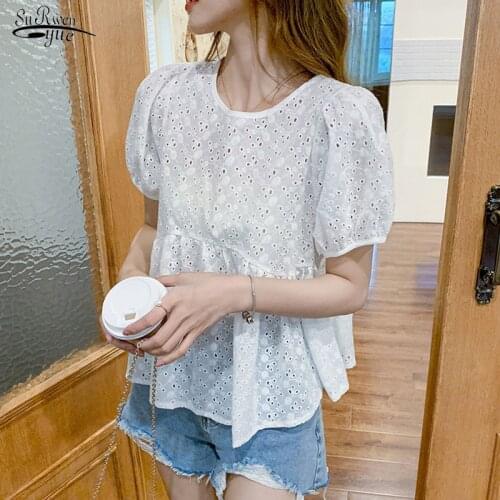 2021 Summer Women Tops Korean Style Hollow Lace Blouse Femme Puff Short Sleeve Loose Stitching Ladies Women Shirts Blouses 15267