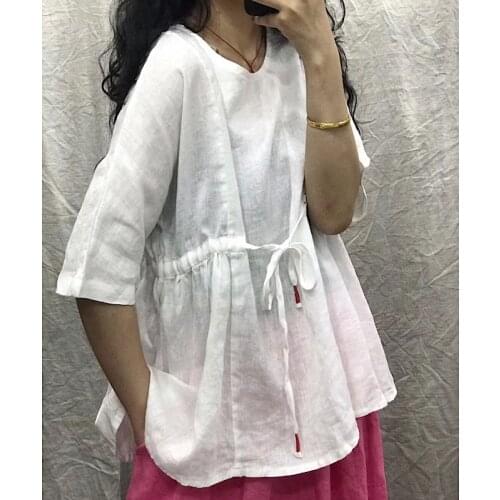 Women Solid Color Cotton Linen Blouse Ladies Loose Vintage Shirts Tops Female 2020 Summer Casual Blouses