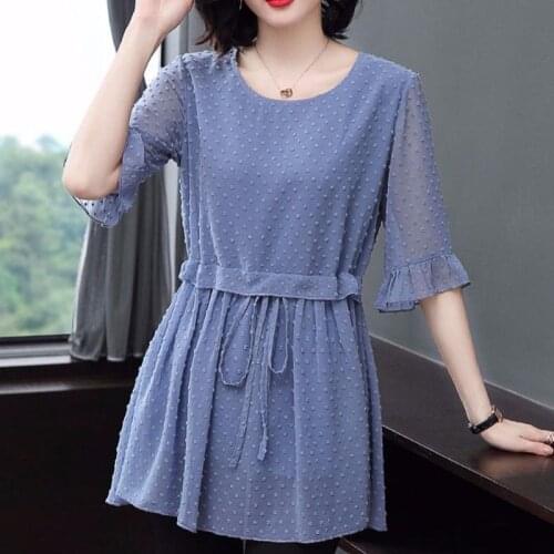 Spring Summer Style Women O-Neck Temperament Chiffon Blouses Shirts Lace Ruffle Sleeves Loose Tops Blusas Large SizeMM0157