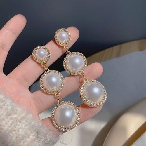 2021 New Trend Simulated Pearl Womens Long Earrings White Round Pearl Wedding Pendant Earrings Korean Fashion Jewelry Earrings