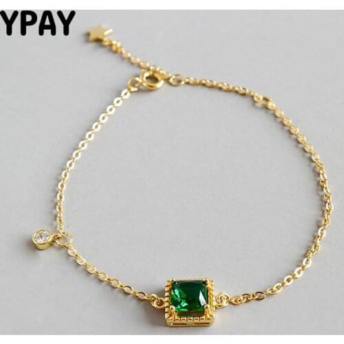 YPAY Korean Trendy Square Emerald Green Zircon Bracelets 100% Real 925 Sterling Silver Bracelet for Women Fine Jewelry YMB065