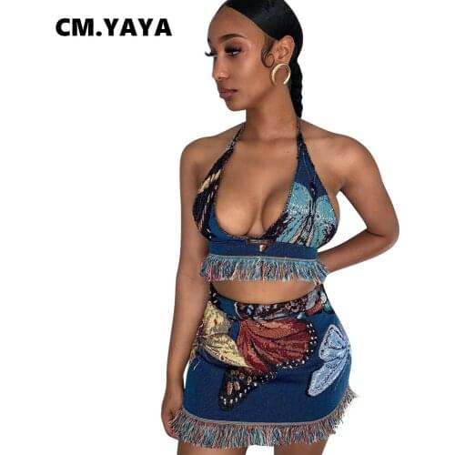 CM.YAYA Women Set Tassel Print Sleeveless Bandage Halter Backless Crop Tops Mini Skirts Two 2 Piece Sets Sexy Outfit Summer 2021