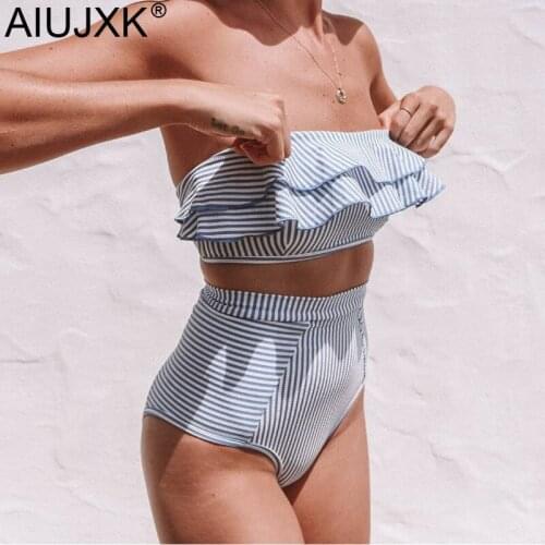 AIUJXK 2019 New Women Lingerie Off Shoulder Sexy Biquini Ruffles Striped Bar And Panty Set Female High Waist 2 Piece Swimsuit