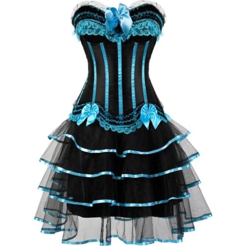 Women Sexy Striped Corset Dress Vintage Lace Bow Satin Corset Bustier Lingerie Top With Mesh Mini Tutu Skirt Set Plus Size S-6XL