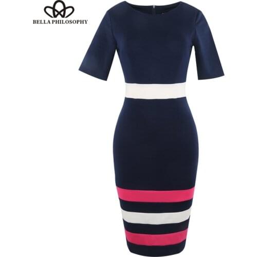 Bella Philosophy women dress Spring Summer short sleeve Blends cotton bodycon pencil dress casual striped dress work