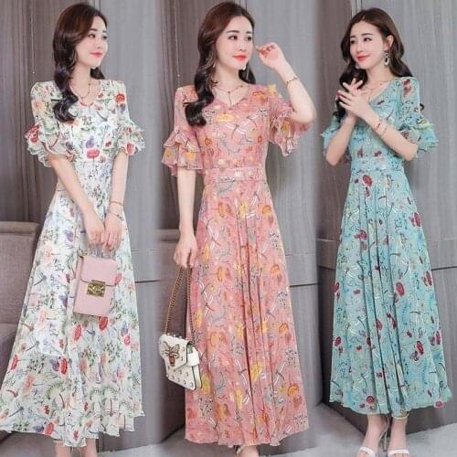 Summer New Slim Print Dress Women Temperament V-Neck Dresses Woman Long Slim A-Line Dress Ladies Short Sleeve Dresses Womens 3XL