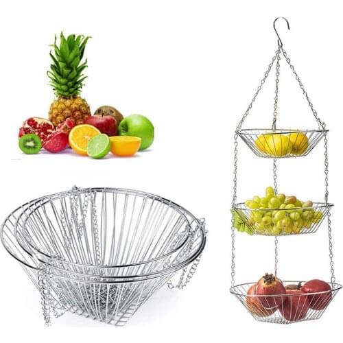 3-Layer Stainless Steel Hanging Fruit Vegetable Storage Basket Home Organizer for Kitchen Dining Bar Kitchen Tools Gadgets