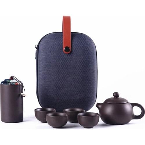 6pcs/set Redware Xishi Teapot Set One Pot Four Cup Tea Set Portable Bag Express Travel Business Gift