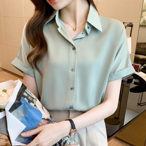 Vintage korean fashion elegant blouse summer women tops button up satin white shirts temperament lapel workwear blouses femme