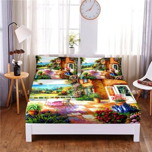 Oil Painting Printed 3pc Polyester Fitted Sheet Mattress Cover Four Corners with Elastic Band Bed Sheet Pillowcases