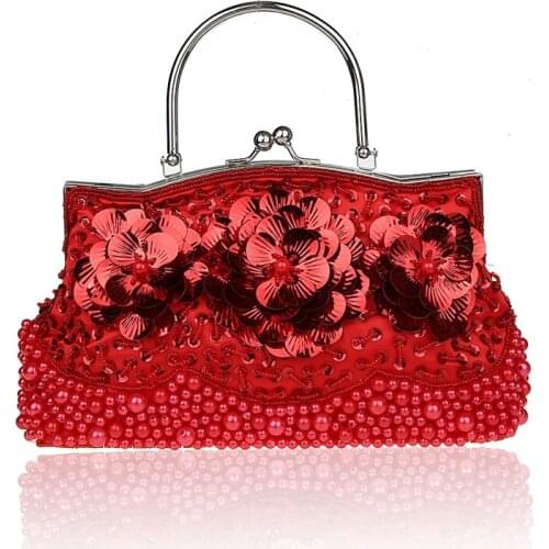 Red Ladies' Beaded Sequined Handbag Clutch Party Bridal Evening Bag with Shoulder Chain Purse Makeup Bag Free Shipping 1323-F