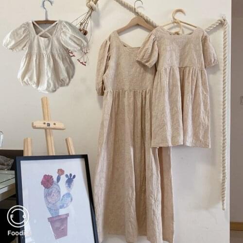 Summer Mom And Daughter Dress Family Matching Clothes Korean Puff Sleeve Cotton Dress For Mother And Daughter Mommy And Me Dress