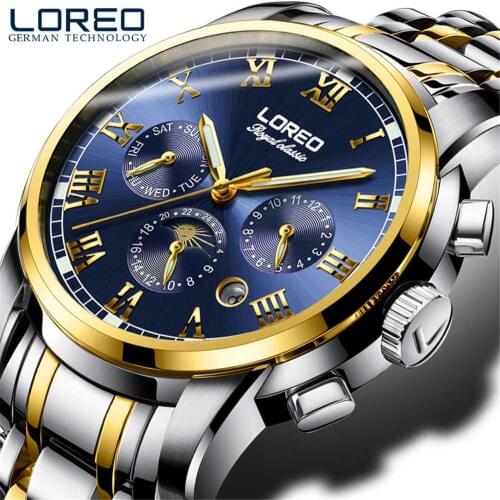 LOREO The best Mens Watch Luxury brand Waterproof 50m Automatic Watch Men Moon Phase Mechanical Watches erkek kol saati