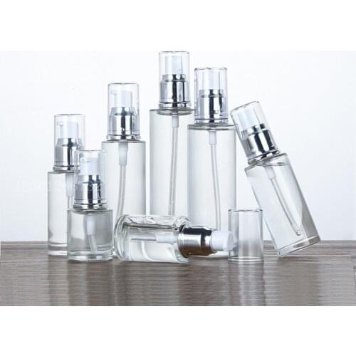 Clear Glass Spray Lotion Pump Emulsion Refillable Bottle Silver Lid Cosmetic Packaging Container 20ml 30ml 50ml 60ml 80ml 100ml