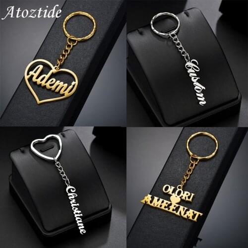 Atoztide Fashion Personalizd Keychain Pendant Stainless Steel Heart Name Gold Nameplate For Women Men Jewelry Charm Gift