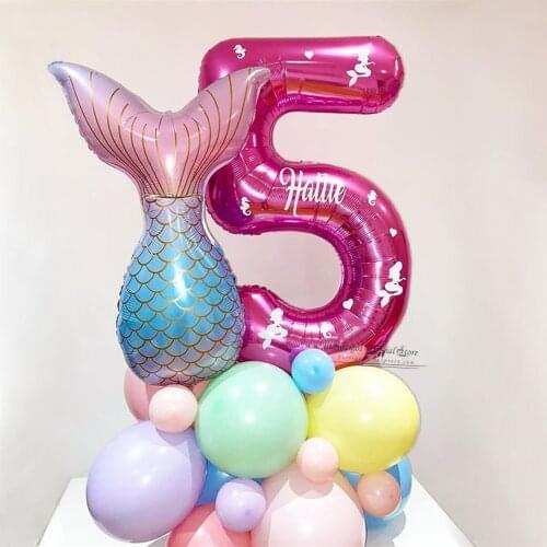 27Pcs Macaron Color Mermaid Number Balloons Set 40Inch 0-9 Foil Number Balloons Little Mermaid Tail Birthday Party Decorations