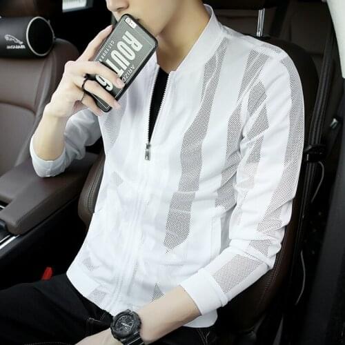 2021 new mesh stripe sun protection clothing trend summer mens skin clothing solid color wild jacket