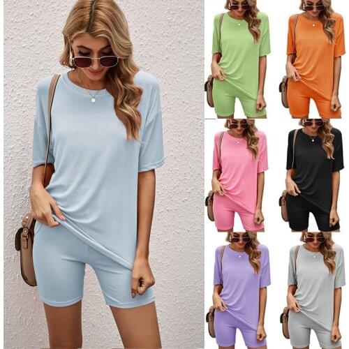 2021Spring and Summer New Womens Pajamas Solid Color Short-sleeved Shorts Casual Home Wear Pijamas Women Sleepwear Sleep Tops