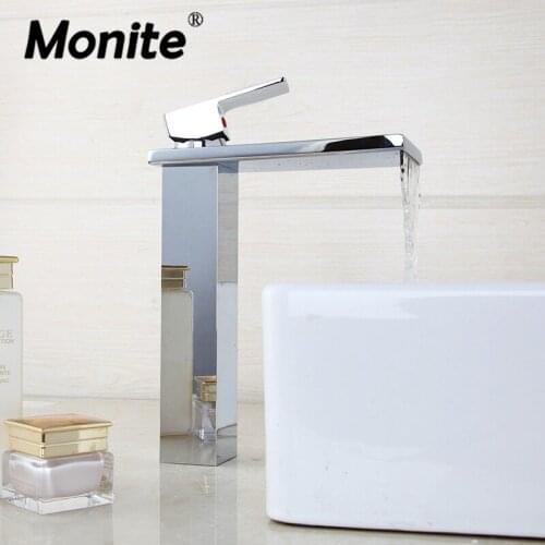 Monite Chrome Polished Bathroom Basin Faucet Basin Sink Mixer Taps Brass Waterfall Spout Countertop Tall Wash Basin Faucet