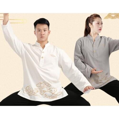 Unisex Summer&Spring cotton&linen Embroidery wing chun kung fu martial arts shirts zen lay suits tai chi uniforms t-shirt