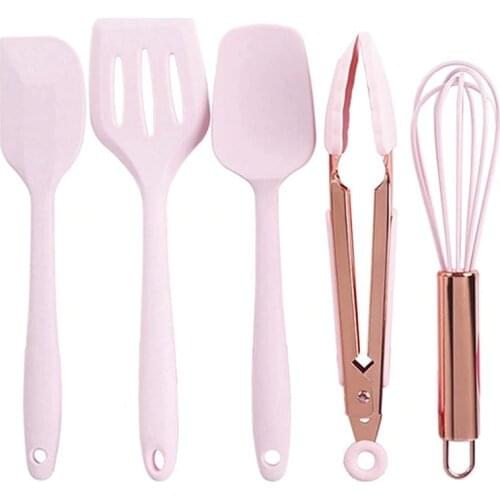 Pink Color Silicone Cooking Utensils Set Universal Egg Whisk Food Tongs Non-Stick Spatula Shovel Kitchenware 5PCS Kitchen Tools