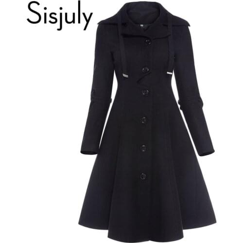 Sisjuly Women Coat Wool Winter Black Vintage Gothic Slim Elegant Overcoat Casual Lace Up Long Retro Button Female Trench Coats
