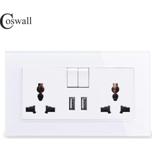 COSWALL 13A Universal Switched Socket 2 USB Charge Port For Mobile Output 2.1A Wall Outlet Crystal Glass Panel