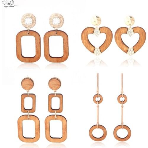 Vogue Ribbon 2020 New Material Fashion Jewelry Square/Circle/Heart Wood Stones Drop Dangle Tassel Earrings for Women