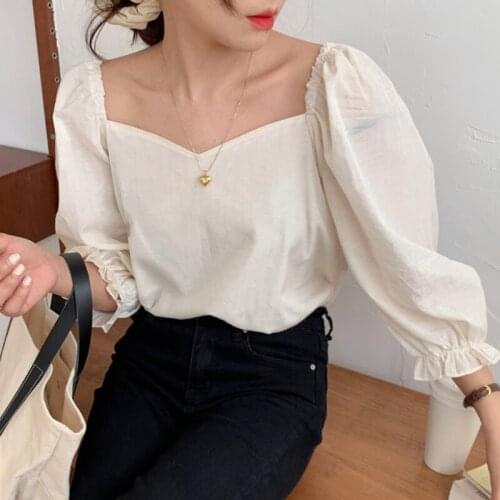 Women White Shirts Korean Fashion Blouse Elegant Square Collar Puff Sleeve 2021 Casual Female Tops Chic Blusa Clothing 10165