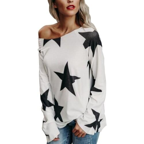 Summer Harajuku Star Printed Tshirts Ladies Korean One-shoulder O Collared Graphic Tee High Street Long Sleeve Pullover Футболка