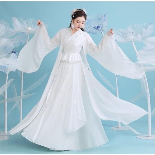 Women Hanfu Dress Cosplay Clothes White Elegant Long Sleeve Costume Stage Performance Clothes Tang Suit Hanfu Fairy Dress SL4373