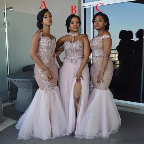 African Mermaid Bridesmaid Dresses Long Mixed Style Appliques Off Shoulder Wedding Guest Wear Split Side Maid Of Honor Gowns