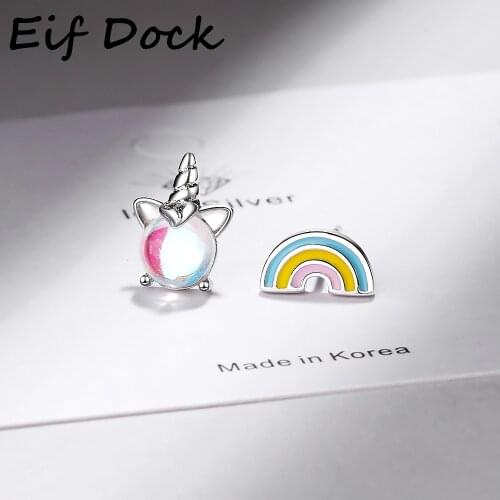 Eif Dock Silver Color Unicorn Opal Stud Earrings For Women Rainbow Party Earrings Fashion Anniversary Jewelry pendientes