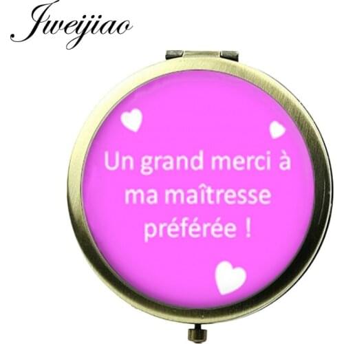 JWEIJIAO Merci French Makeup Compact Mirror un grand merci a ma maitresse preferee Glass Cabochon Vintage Floding Pocket mirrors