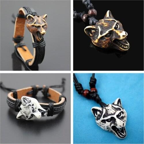 Cool Hand-woven Amulet Wolf Head Leather Bracelets Surfer Necklace Jewelry Sets TZ19